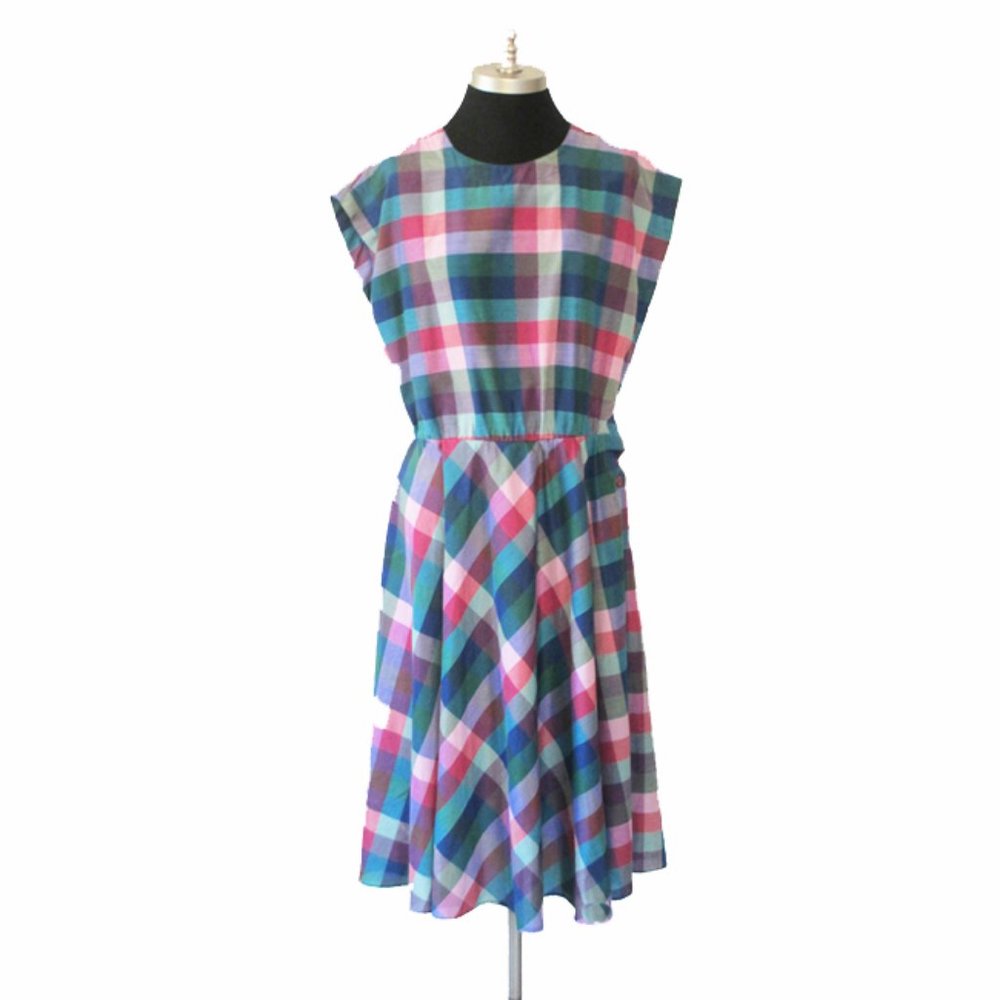 Vtg 70s Jewel Tone Checked Plaid Dress M/L